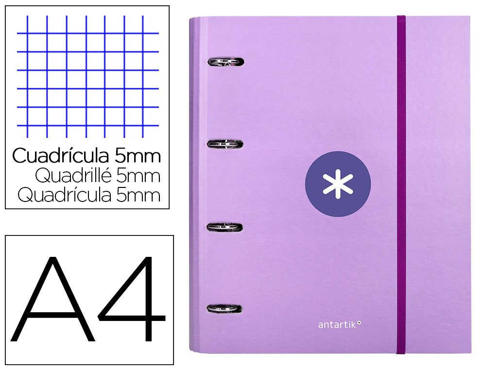 CLASSEUR ANTARTIK 4 ANNEAUX RONDS 40MM A4 CARTON REMBORD FEUILLETS MOBILES Q5X5 COLORISLAVANDE