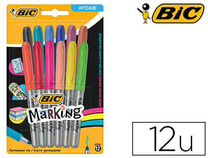 MARQUEUR BIC PERMANENT MARKING POINTE OGIVE TRACE 1.8MM ENCRE BASE ALCOOL COLORIS INTENSES ASSORTIS BLISTER 12 UNITÉS