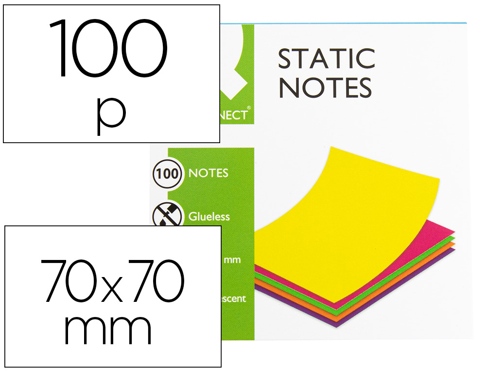 BLOC NOTES Q-CONNECT QUICK NOTES 70X70MM 100F ELECTRO    STATIQUES REPOSITIONABLES     COLORIS NEON