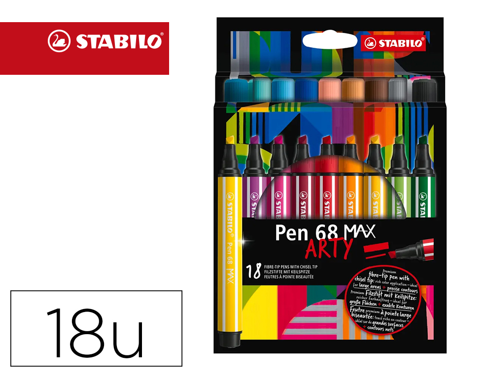 FEUTRE COLORIAGE STABILO PEN 68 MAX ARTY ENCRE AQUARELLABLEPOINTE LARGE BISEAUTEE ETUI CARTON 18 COLORIS ASSORTIS