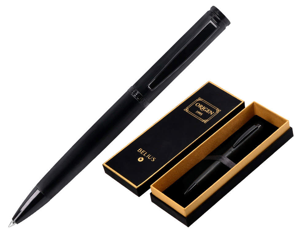 STYLO-BILLE BELIUS ORIGEN ALUMINIUM BROSSE ENCRE BLEUE  COLORIS NOIR DANS COFFRET     CADEAU