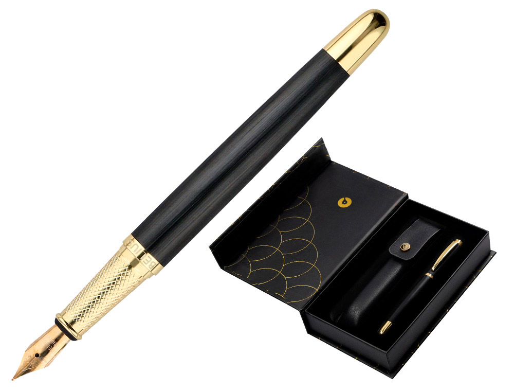STYLO-PLUME ET ETUI EN SIMILI CUIR BELIUS PASSION ALUMINIUM BROSSE ATTRIBUTS OR ENCRE BLEUE COLORIS NOIR COFFRET CADEAU
