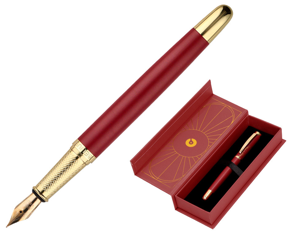 STYLO-PLUME BELIUS SOIREE ALUMINIUM DETAILS ET ATTRIBUTS OR ENCRE BLEUE COLORIS BORDEAUX DANS COFFRET CADEAU