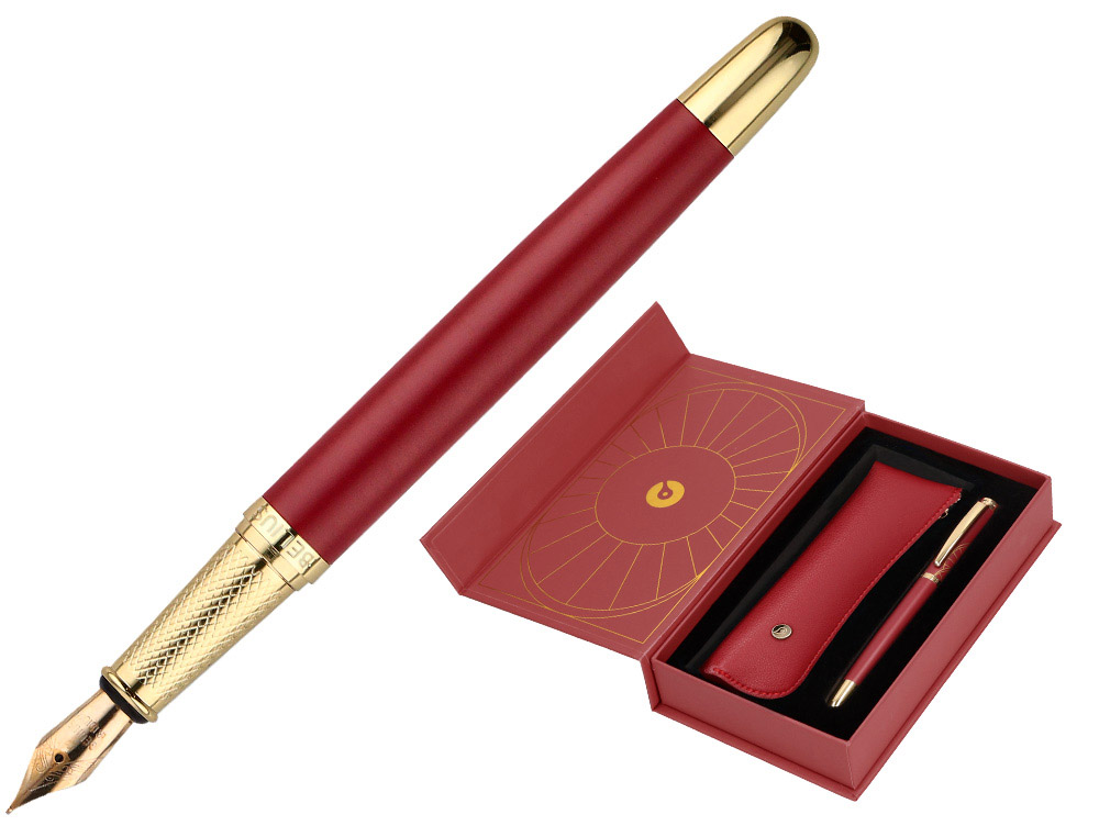 STYLO-PLUME ET ETUI SIMILI CUIR BELIUS SOIREE ALUM. DETAILS ET ATTRIBUTS OR ENCRE BLEUE COLORIS BORDEAUX COFFRET CADEAU
