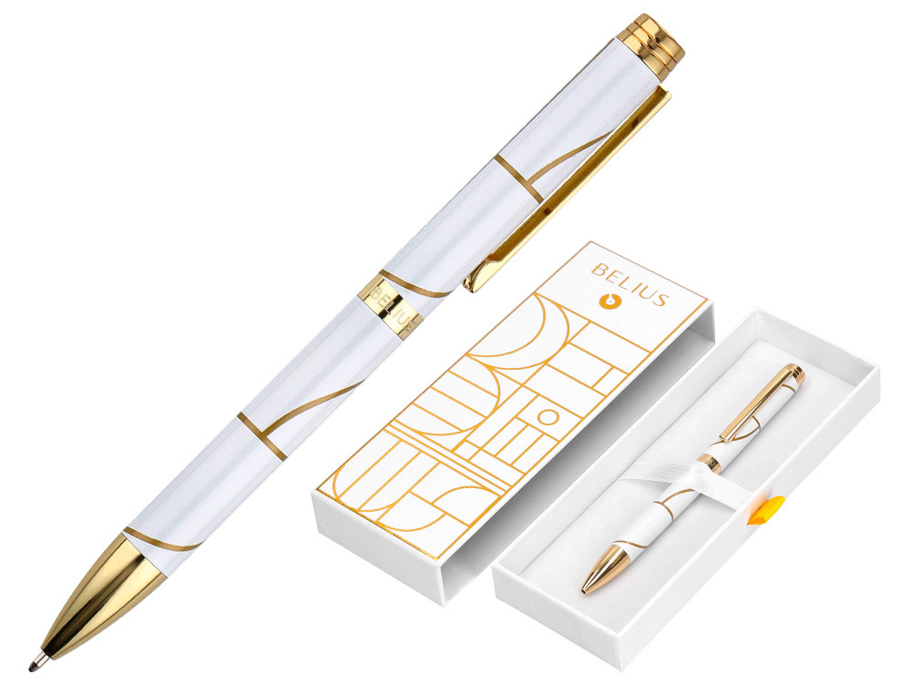 STYLO-BILLE BELIUS CARTE BLANCHE ALUMINIUM DETAILS ET ATTRIBUTS OR ENCRE BLEUE COLORIS BLANC DANS COFFRET CADEAU