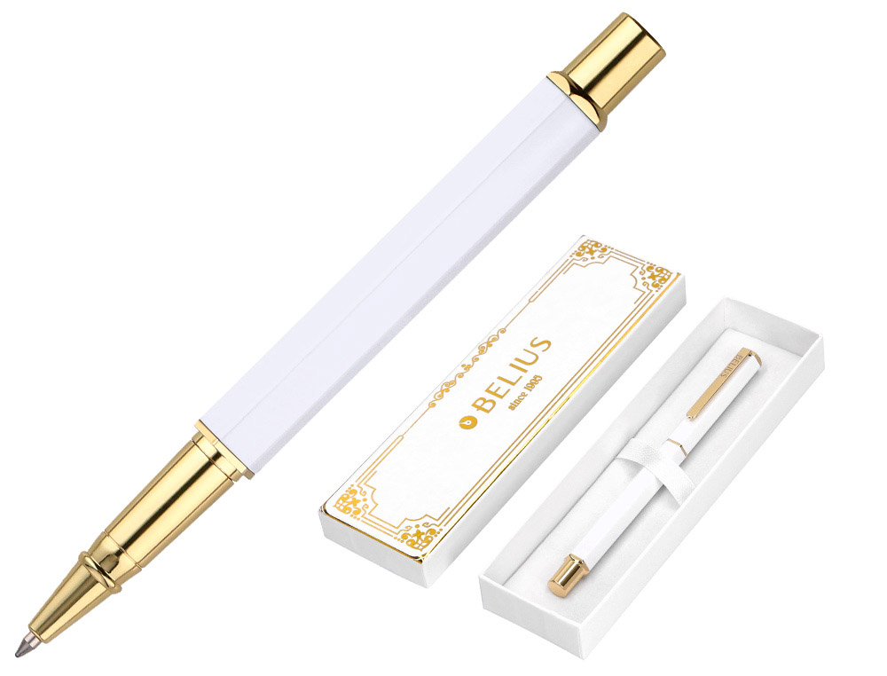 STYLO-BILLE BELIUS MACARON BLISS HEXAGONAL ALUMINIUM DETAILS ET ATTRIBUTS OR ENCRE BLEUE COLORIS BLANC COFFRET CADEAU