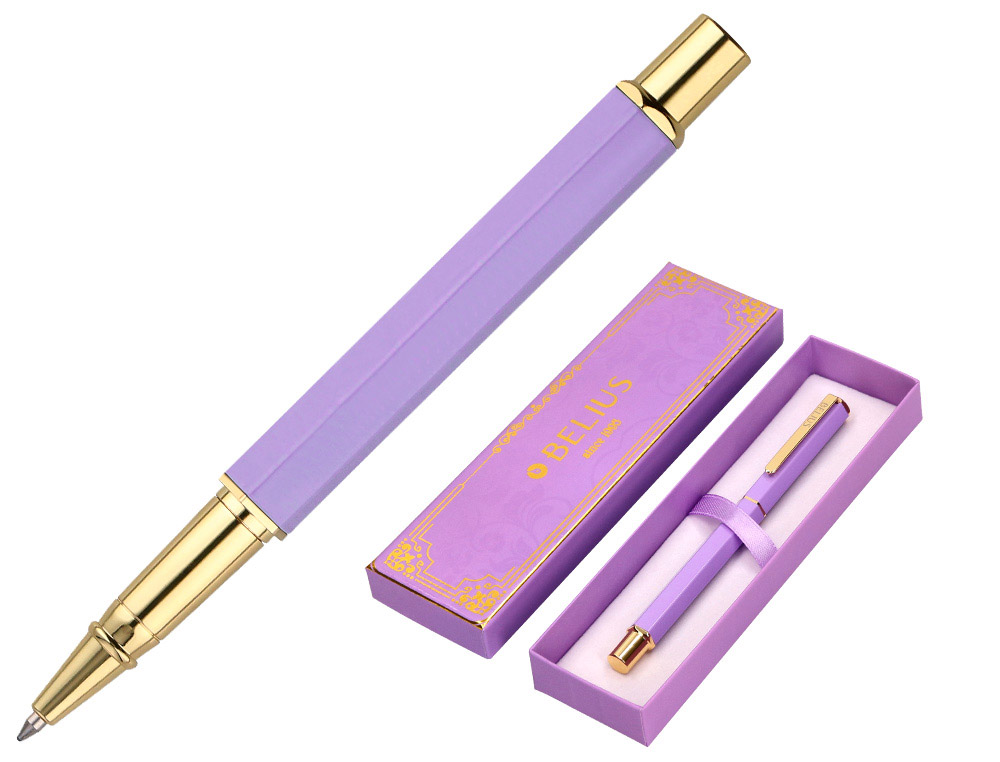 STYLO-BILLE BELIUS MACARON BLISS HEXAGONAL ALUMINIUM DETAILS ET ATTRIBUTS OR ENCRE BLEUE COLORIS MAUVE COFFRET CADEAU