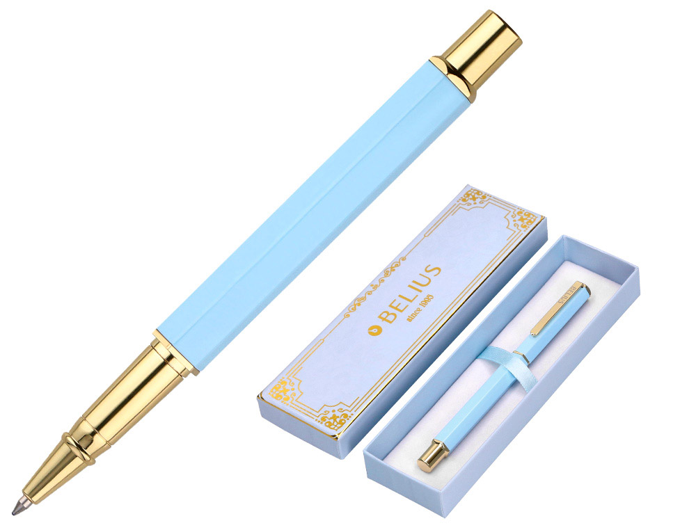 STYLO-BILLE BELIUS MACARON BLISS HEXAGONAL ALUMINIUM DETAILS ET ATTRIBUTS OR ENCRE BLEUE COLORIS BLEU COFFRET CADEAU