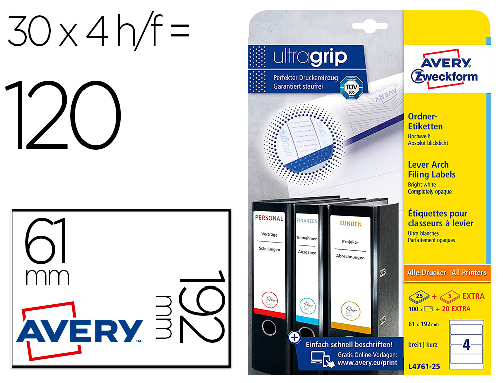 ETIQUETTE AVERY POUR DOS DE CLASSEUR ILC BLANC 192 X 38 M BOITE DE 175