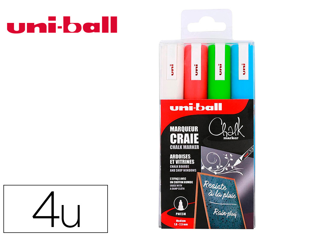 MARQUEURS UNIBALL CHALK CRAIE POINTE CONIQUE MOYENNE BLANC  - VERT FLUO - ROUGE - BLEU    CLAIR POCHETTE DE 4 UNITES