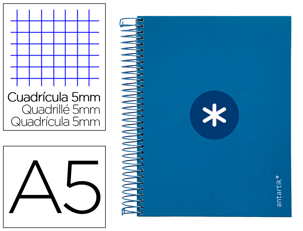 CAHIER SPIRALE ANTARTIK A5 14,8X21CM 240P 90G/M2 5X5MM 6 TROUS COIL-LOCK COLORIS BLEU  MARINE