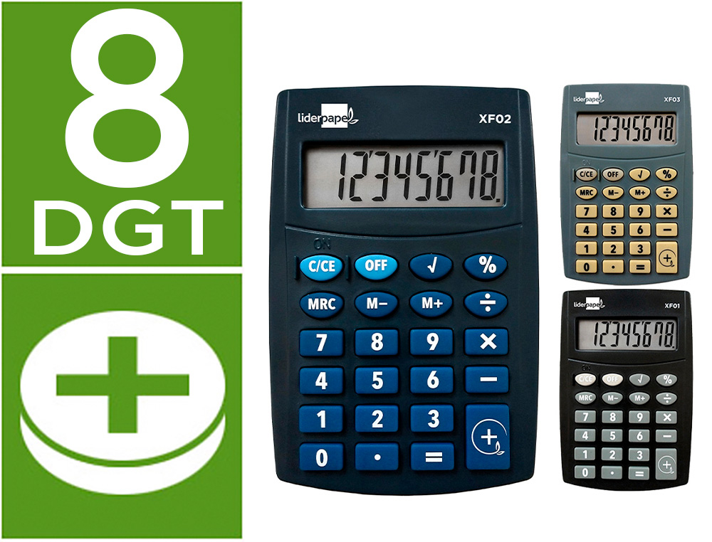 CALCULATRICE DE POCHE LIDERPAPEL XF01 8 CHIFFRES    AVEC PILE 99X64X9 MM          PR SENTOIR DE 16U