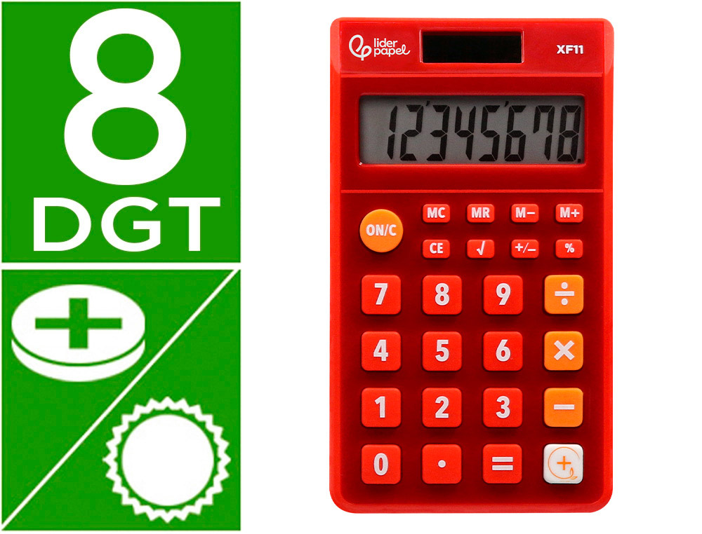 CALCULATRICE DE POCHE LIDERPAPEL XF11 8 CHIFFRES    SOLAIRE ET PILES 115X65X8 MM  COLORIS ROUGE