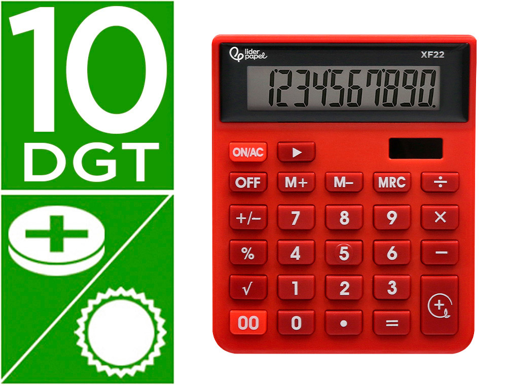 CALCULATRICE DE BUREAU LIDERPAPEL XF22 10 CHIFFRES   SOLAIRE ET PILES 127X105X24   MM COLORIS ROUGE