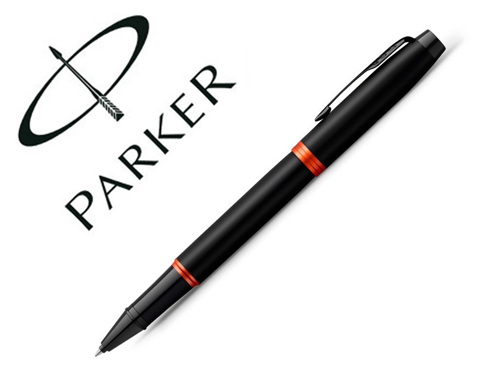 STYLO ROLLER PARKER IM VIBRANT RINGS NOIR LAQUE      DETAILS ORANGE VIF POINTE     FINE ENCRE NOIR ETUI CADEAU