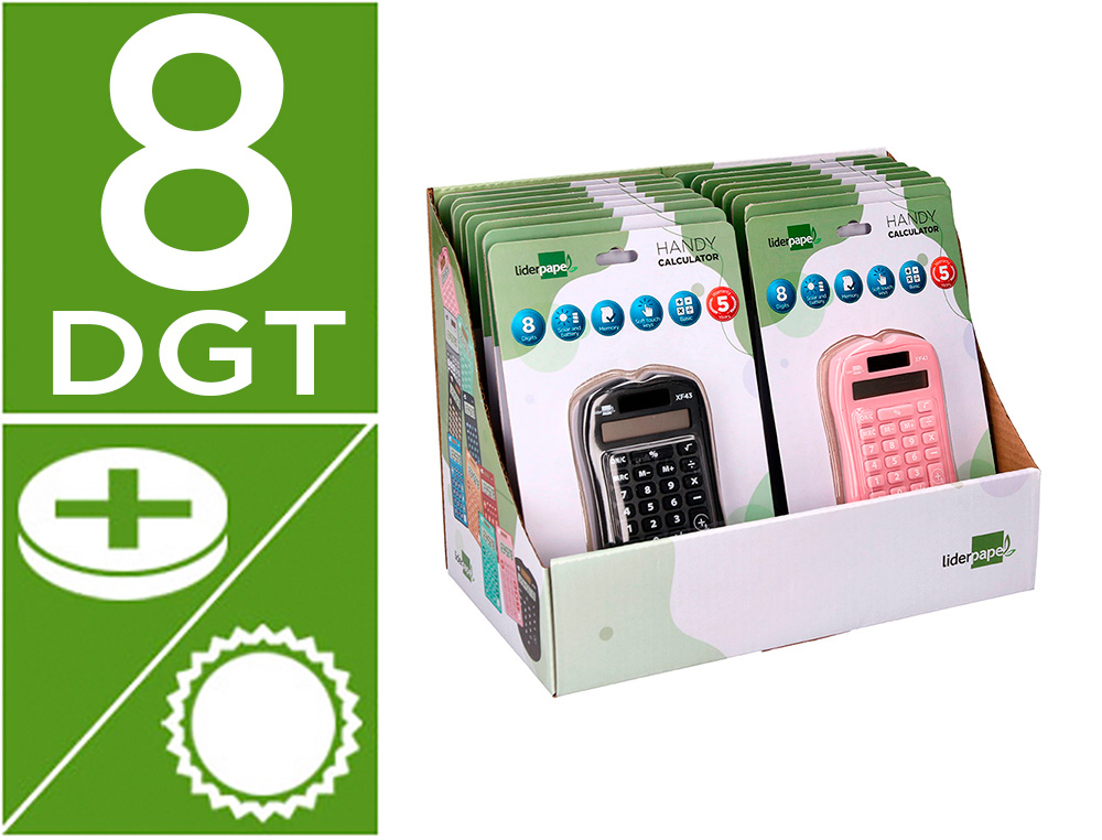 PRESENTOIR LIDERPAPEL CALCULATRICE DE POCHE XF44 8  CHIFFRES SOLAIRE ET PILES     94X59,5X10,5MM COLORIS
