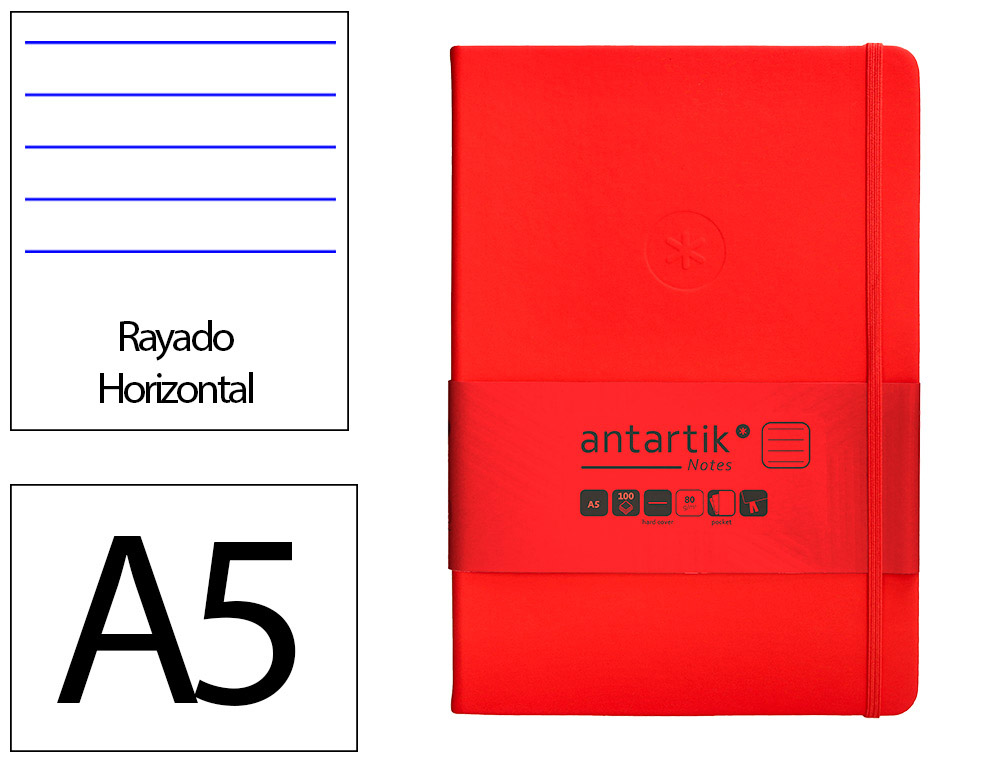 CARNET FERMETURE ELASTIQUE ANTARTIK NOTES COUVERTURE     RIGIDE A5 LIGNE 100 FEUILLES  80GR FSC COLORIS ROUGE
