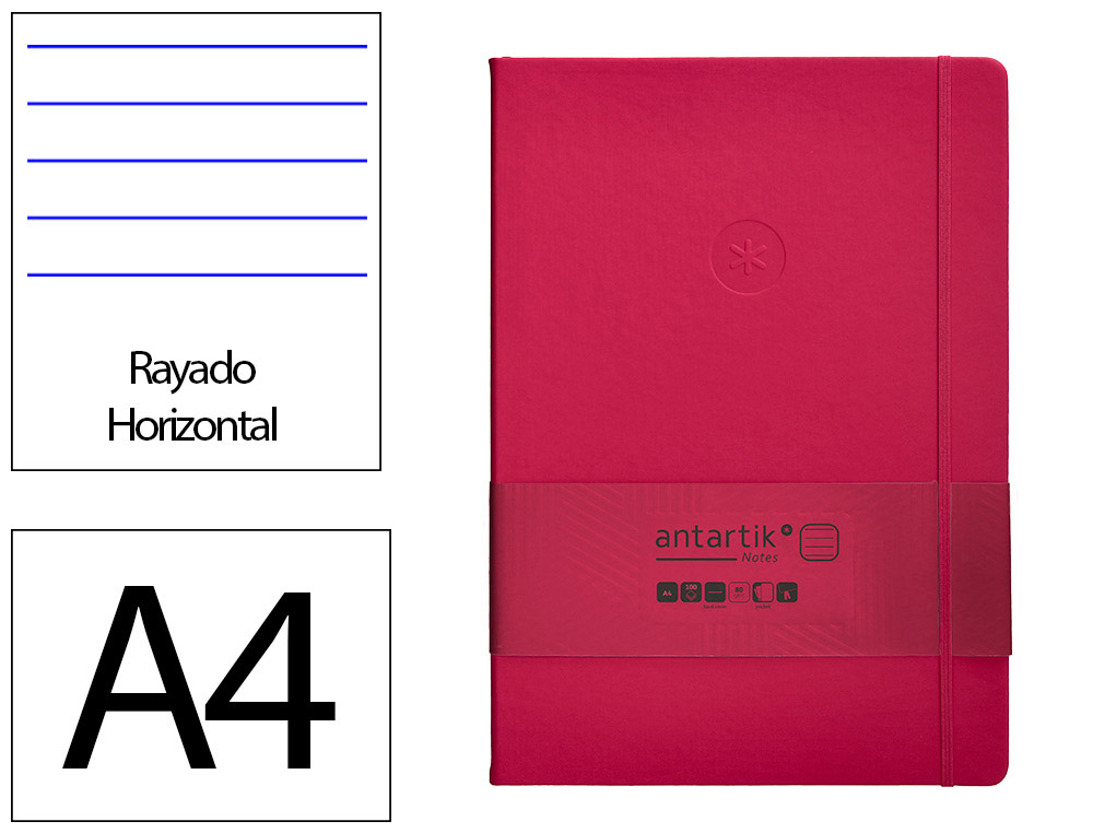 CARNET FERMETURE ELASTIQUE ANTARTIK NOTES COUVERTURE     RIGIDE A4 LIGNE 100 FEUILLES  80GR FSC COLORIS FRAMBOISE