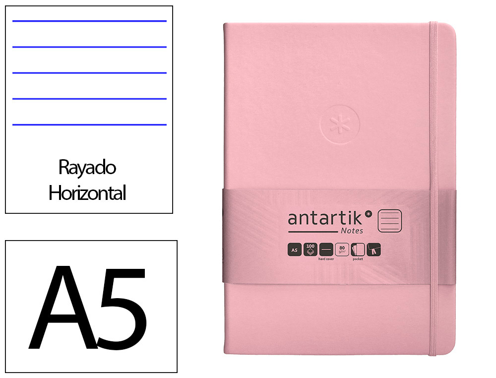 CARNET FERMETURE ELASTIQUE ANTARTIK NOTES COUVERTURE     RIGIDE A5 LIGNE 100 FEUILLES  80GR FSC COLORIS ROSE PASTEL