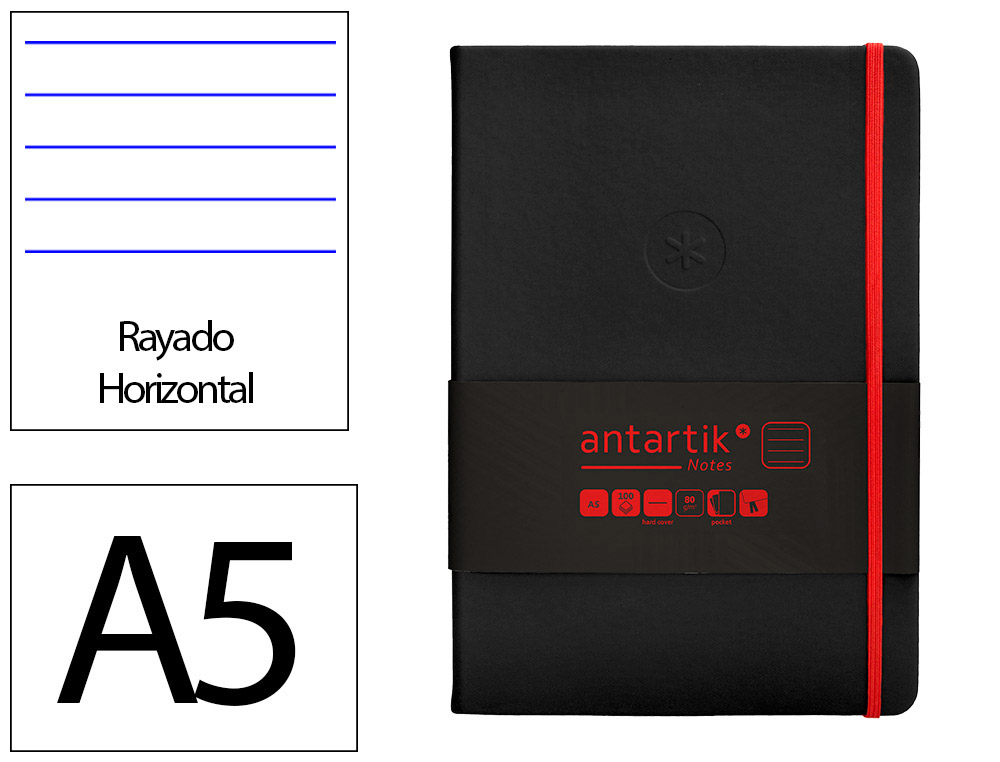 CARNET FERMETURE ELASTIQUE ROUGE ANTARTIK NOTES          COUVERTURE RIGIDE A5 LIGNE 100FEUILLES 80GR FSC COLORIS NOIR