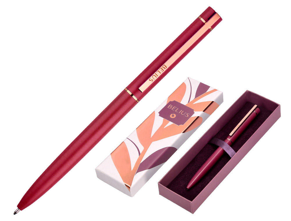 STYLO-BILLE BELIUS ROSE CORPS ALUMINIUM ENCRE BLEUE COLORIS BORDEAUX OR ROSE BOITE DESIGN