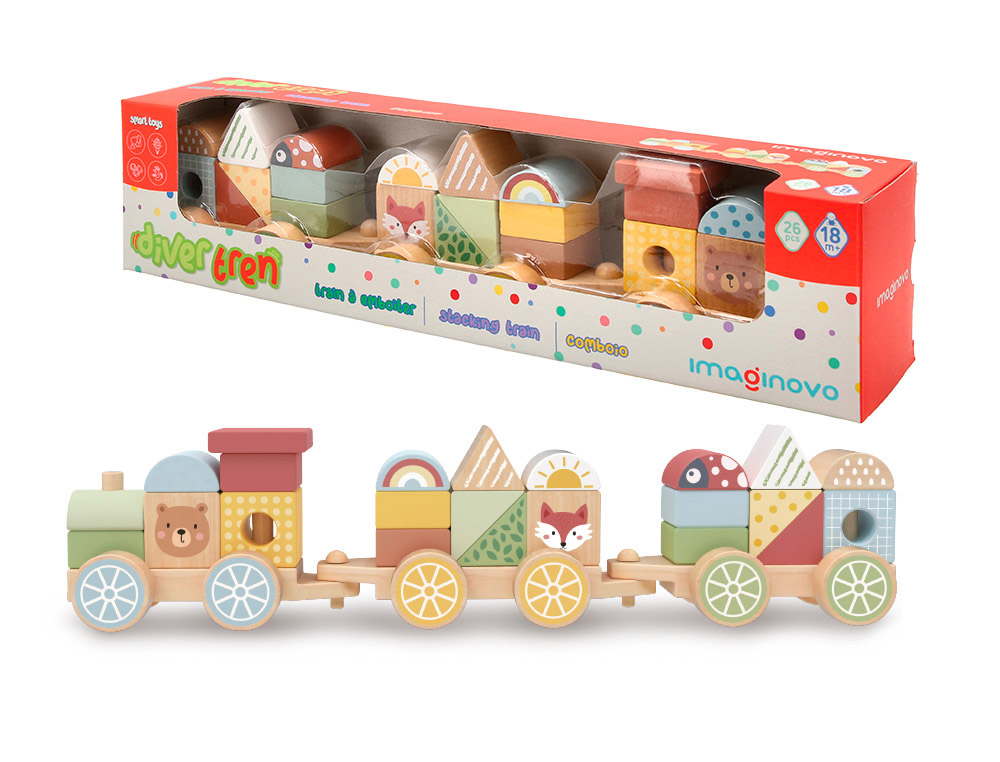 JEU ENFANT IMAGINOVO TRAIN FORMES EMPILABLES AVEC ROUES  BOIS +18 MOIS 38X9,5X7,5 CM