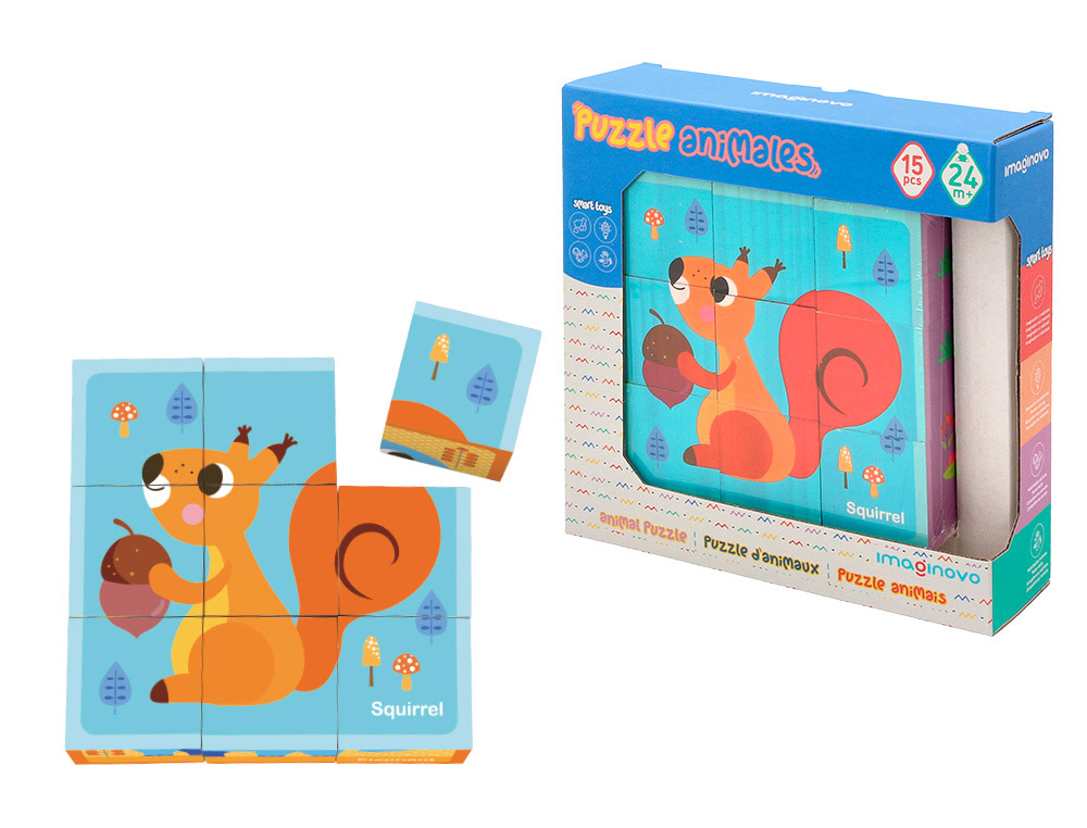 PUZZLE ENFANT IMAGINOVO CUBES D'ANIMAUX BOIS +24 MOIS 15    PIECES 12 MODELES INCLUS      22X22X6,4 CM