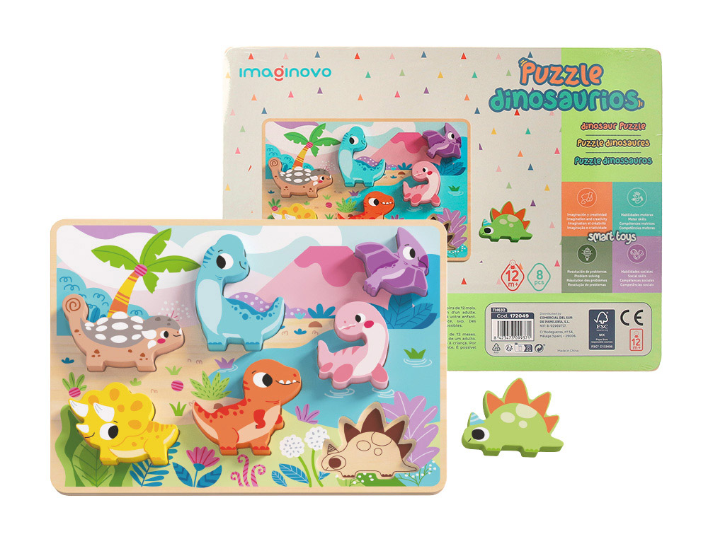 PUZZLE ENFANT IMAGINOVO DINOSAURES 3D BOIS +12 MOIS 8 PIECES 29,5X22X1,7 CM