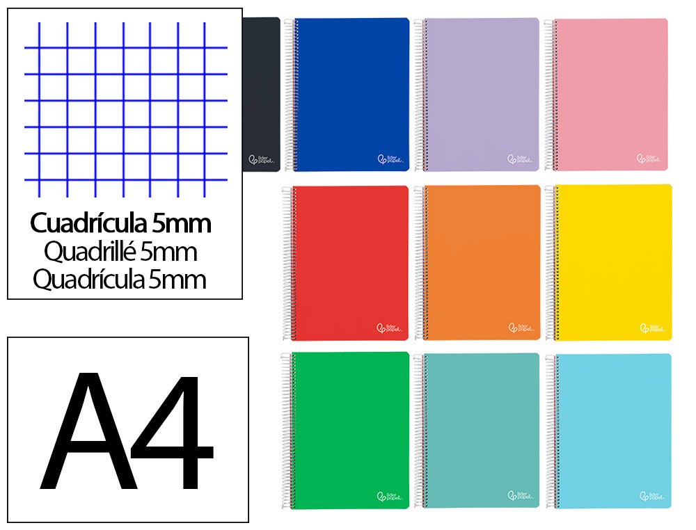 CAHIER SPIRALE LIDERPAPEL WITTY A4 COUVERTURE RIGIDE    120 FEUILLES 90G/M2 5X5MM 4   TROUS PERFORES COLORIS