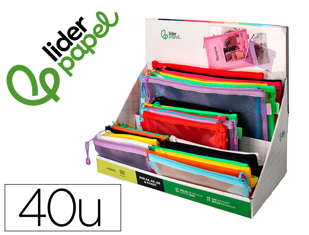 PRESENTOIR LIDERPAPEL POCHETTE ZIP MULTIUSAGE       TAILLES ET COLORIS ASSORTIS   40 UNITES