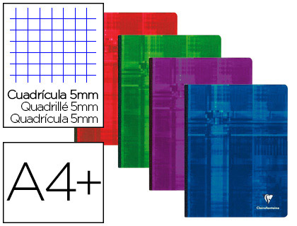 CAHIER BROCHÉ CLAIREFONTAINE PAPIER VÉLIN VELOUTÉ COUVERTURE SOUPLE PELLICULÉE A4+ 24X32CM 190 PAGES 90G 5X5MM