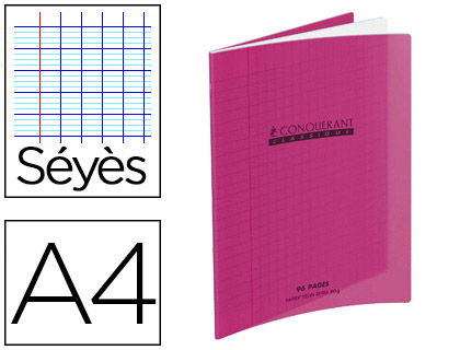 CAHIER PIQUÉ CONQUÉRANT CLASSIQUE COUVERTURE POLYPROPYLÈNE RIGIDE TRANSPARENTE A4 21X29,7CM 96 PAGES 90G SÉYÈS ROSE