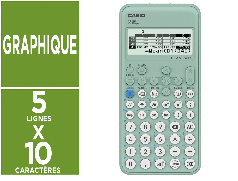 CALCULATRICE CASIO SCIENTIFIQUE FX 92 2D+ COLLGE CRAN GANT 5 LIGNES STATISTIQUES TABLEAU VALEURS 166X77X14MM 100G