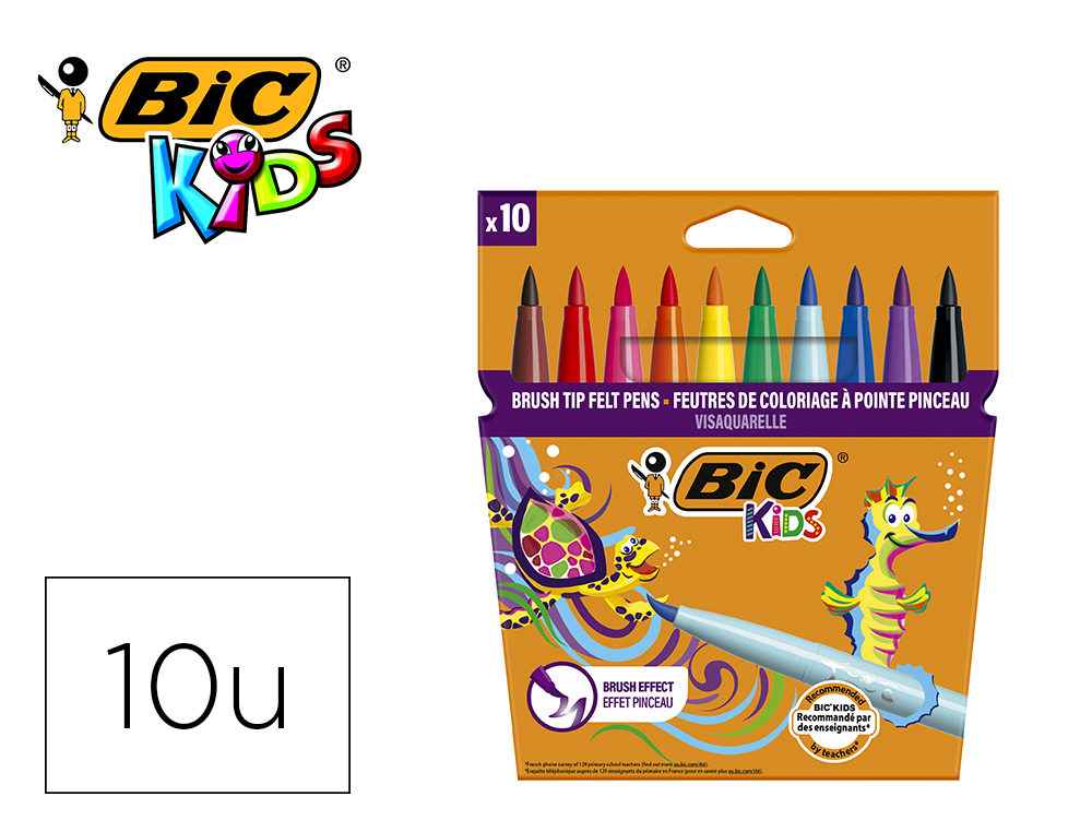 FEUTRE BIC KIDS VISAQUARELLE ENCRE LAVABLE POINTE PINCEAU EXTRA-SOUPLE BLOQUE COULEURS TRS VIVES TUI CARTON 10U