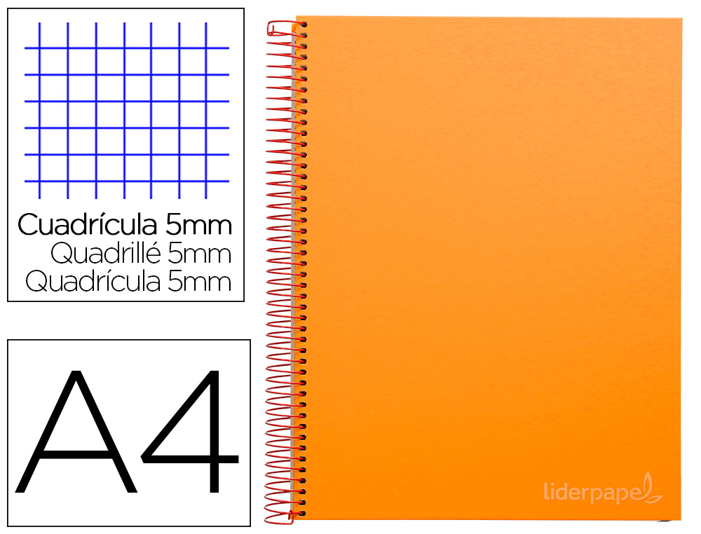 CAHIER SPIRALE LIDERPAPEL JOLLY COUVERTURE CONTRECOLL A4 280P 75G/M2 5X5MM MICROPERFOR 4 TROUS COLORIS ORANGE