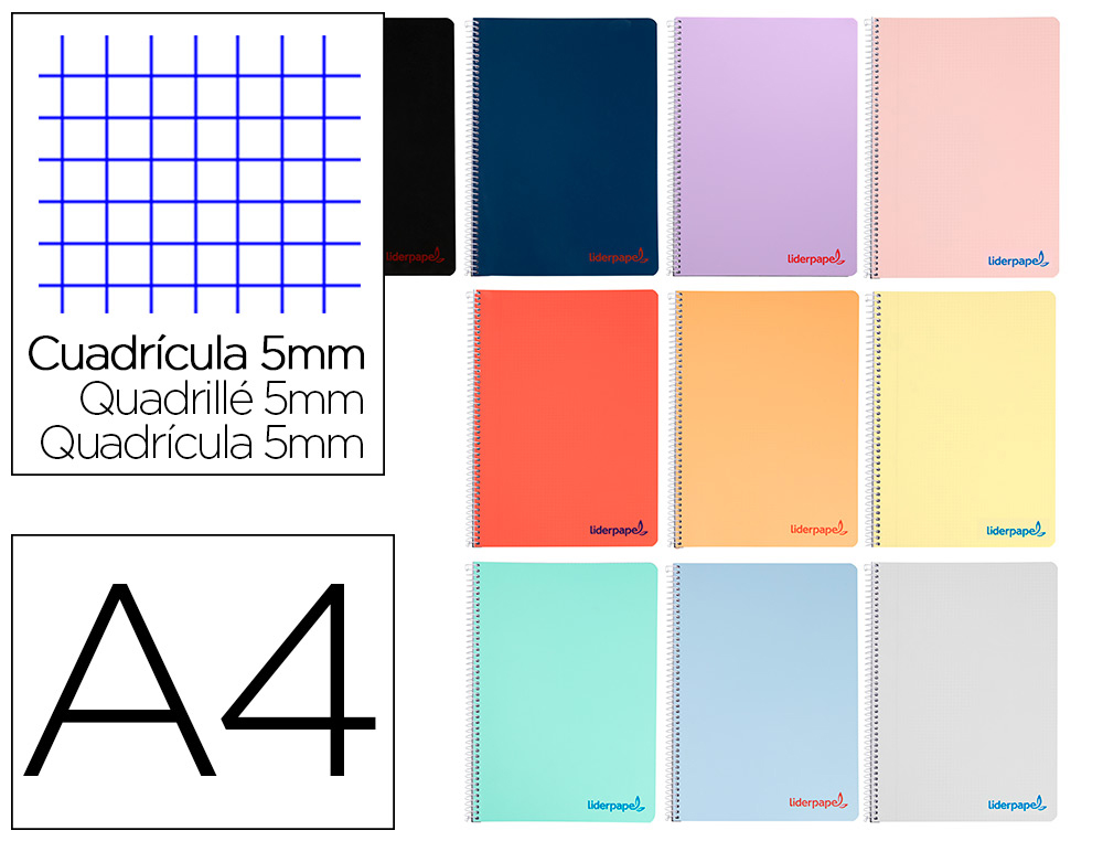 CAHIER SPIRALE LIDERPAPEL A4 MICRO WONDER 240 PAGES 90G    5X5MM 4 TROUS 5 BANDES        COLORIS ASSORTIS