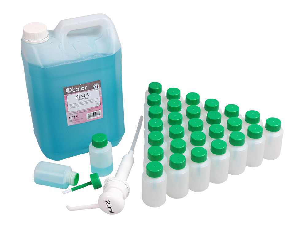 COLLE NATURELLE O'COLOR BLEUE TRANSPARENTE APRES SECHAGE SCHOOLPACK 5L + 1 POMPE 20ML + 30FLACONS PINCEAUX 80ML VIDES