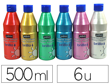 GOUACHE LIQUIDE PBO BRILLO PRTE  L'EMPLOI COULEURS NACRES BLANC ROSE ROUGE TURQUOISE VERT OR LOT 6 FLACONS 500ML