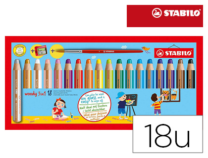 CRAYON COULEUR STABILO WOODY 3IN1 MULTI-TALENTS + 1 TAILLE-CRAYON + 1 PINCEAU ÉTUI CARTON 18 UNITÉS