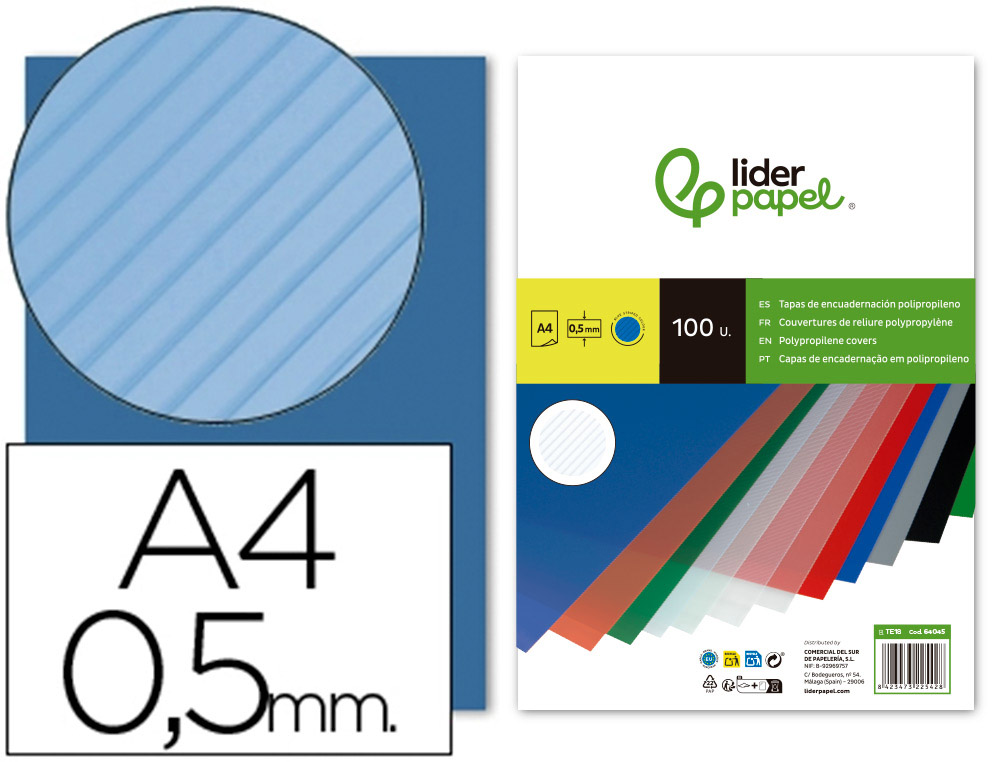 PLAT COUVERTURE LIDERPAPEL PPL RAY LIGNES DIAGONALES 0.5MM A4 DOSSIER RELIURE COLORIS BLEU BOTE 100 UNITS