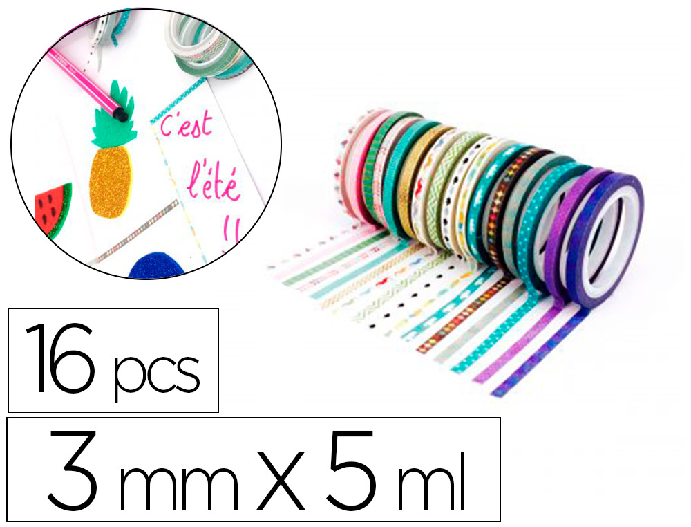 MINI RUBANS ADHESIFS SODERTEX THEME INSTANT POESIE 3MMX5ML  MOTIFS ET COLORIS ASSORTIS 16 PCS