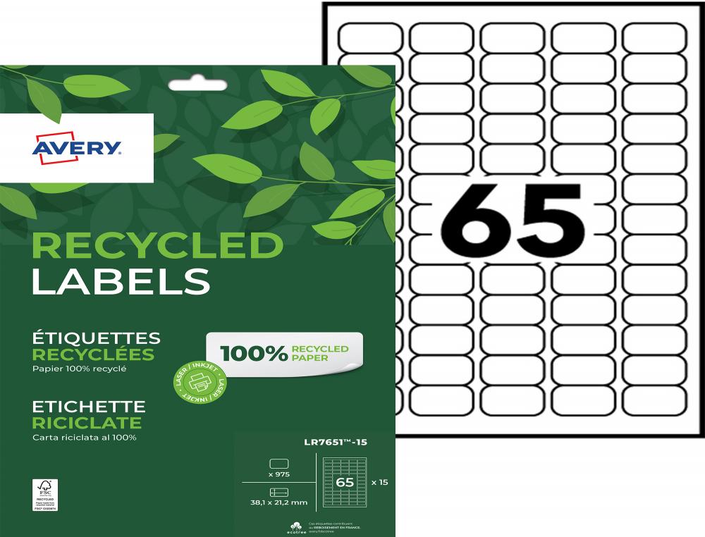 ETIQ.LAS.RECY 38.1X21.2 15F975ETIQUETTE RECYCLEE - AVERY - IMPRESSION LASER - 38.1X21.2MM - 15 FEUILLES
