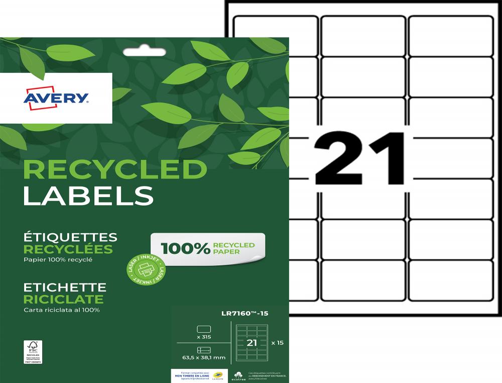 ETIQ.LAS.RECY 63.5X38.1 15F315ETIQUETTE RECYCLEE - AVERY - IMPRESSION LASER - 63.5X38.1MM - 15 FEUILLES