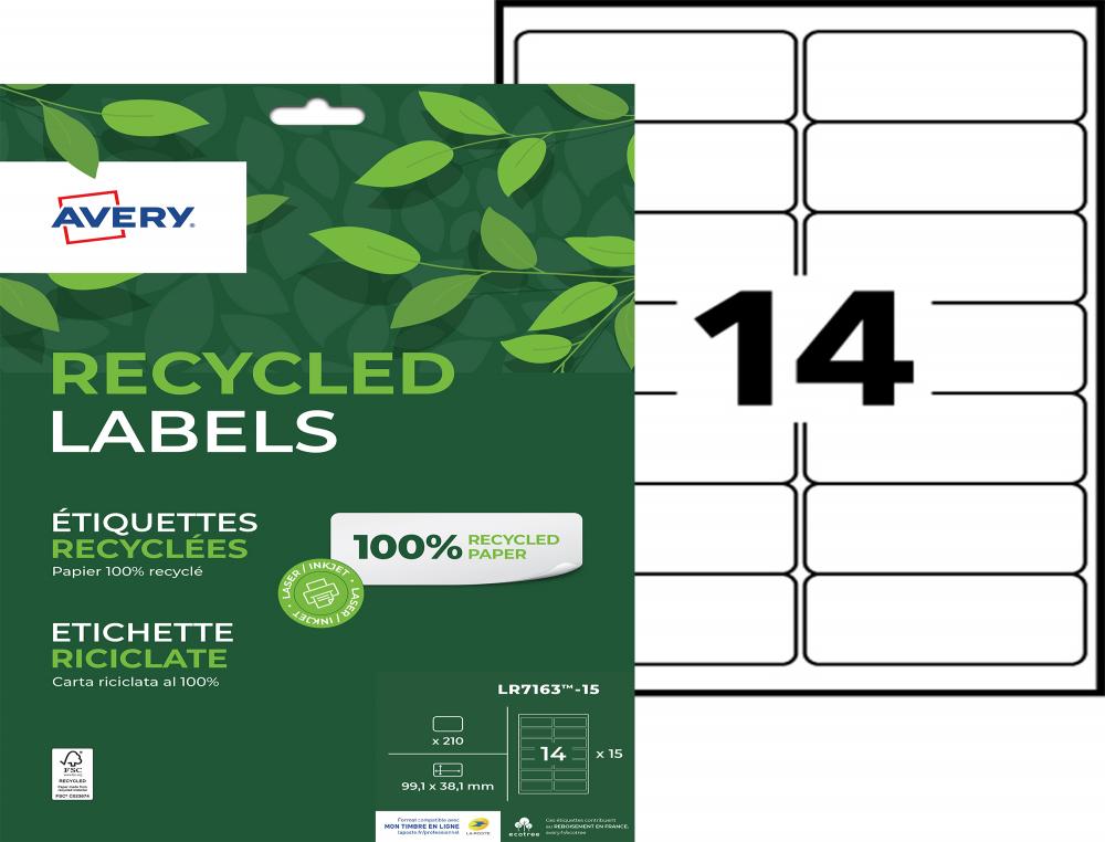 ETIQ.LAS.RECY 99.1X38.1 15F210ETIQUETTE RECYCLEE - AVERY - IMPRESSION LASER - 99.1X38.1MM - 15 FEUILLES