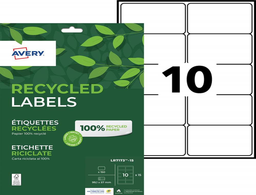 ETIQ.LAS.RECY 99.1X57 15F 150EETIQUETTE RECYCLEE - AVERY - IMPRESSION LASER - 99.1X57MM - 15 FEUILLES