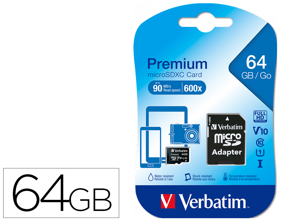 MICRO SDHC VERBATIM 64GB CLASSE 10 AVEC ADAPTATEUR     IDEAL VIDEOS QUALITE CINEMA   HD 3D VITESSE ECRITURE