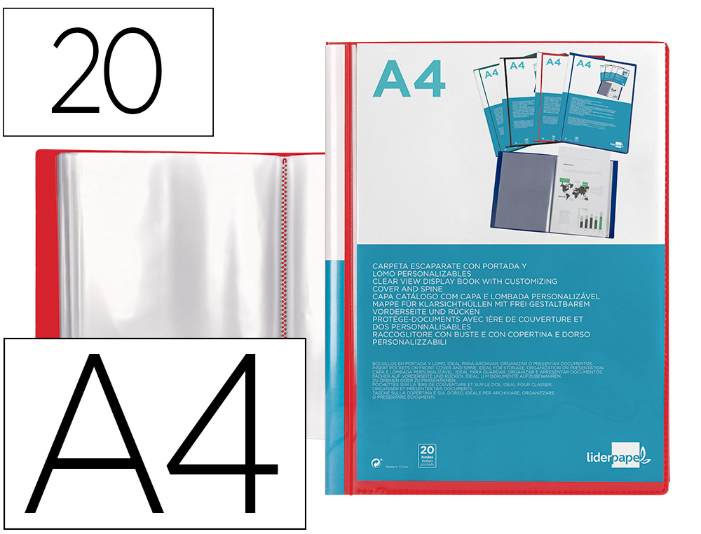 PROTEGE-DOCS LIDERPAPEL KANGOUROU PERSONNALISABLE     POLYPRO 20 POCHETTES FIXES A4 210X297MM ROUGE TRANSLUCIDE