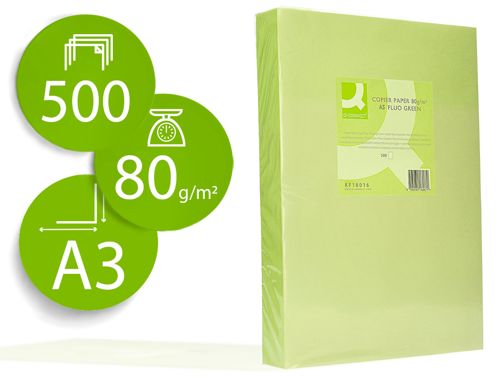 PAPIER COULEUR Q-CONNECT MULTIFONCTION A3 80G/M2 UNICOLORE VERT NÉON RAMETTE 500 FEUILLES