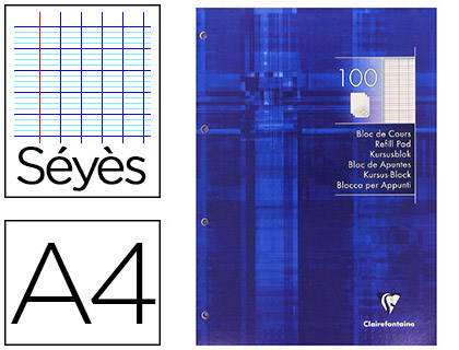 BLOC COURS CLAIREFONTAINE 200 PAGES ENCOLLÉES DÉTACHABLES PAPIER VÉLIN VELOUTÉ A4 210X297MM 90G SÉYÈS 4 TROUS