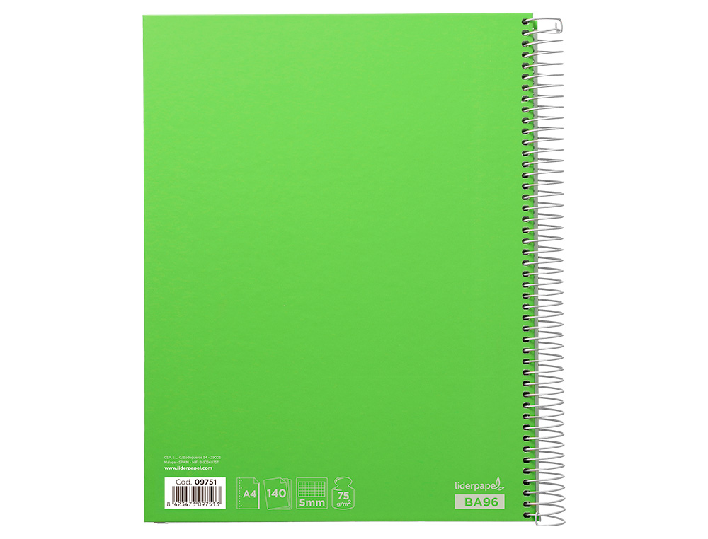 CAHIER SPIRALE LIDERPAPEL JOLLY COUVERTURE CONTRECOLLE A4 280P 75G/M2 5X5MM MICROPERFOR 4 TROUS COLORIS VERT